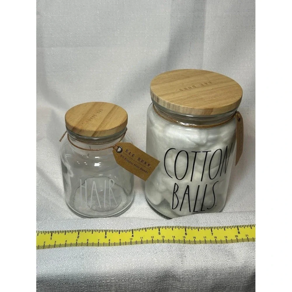 Rae Dunn Bathroom Jars Set Hair‎ Cotton Balls Canisters Wood Lid Farmhouse Decor